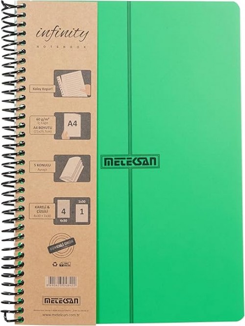 Meteksan Infinity Primary Serisi, A4, 5 Konulu (4 Kareli, 1 Çizgili) 150 Yaprak PP Kapaklı Spiralli Defter, Yeşil