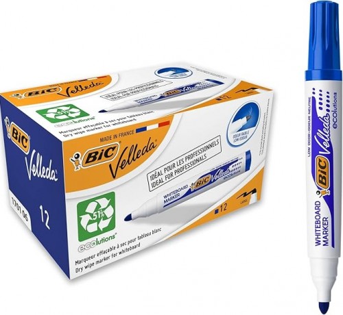 BIC Velleda 1701 Eco Yuvarlak Uçlu Beyaz Tahta Kalemi, Mavi, 12'li Kutu, Kolay Silinebilen Mürekkep, Sabit Yuvarlak Uç