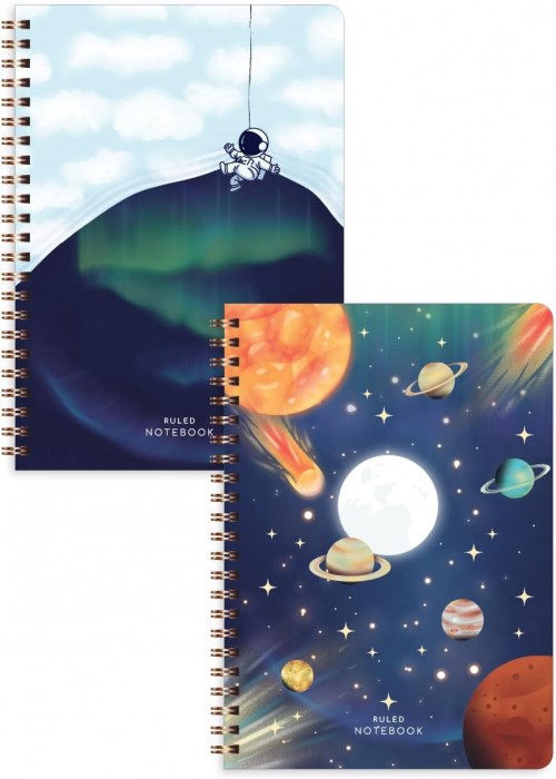 A5 Spiralli Karton Kapak 2’li Set Çizgili Okul Defteri 80 yaprak, Ders Programlı Galaksi