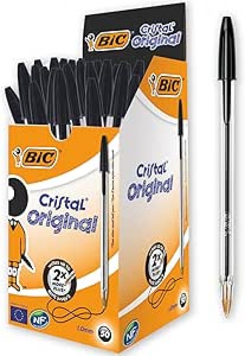 BIC Cristal Medium Tükenmez Kalem Siyah 50'li Kutu, 1.0 mm Orta Kalınlıkta Uç, Şeffaf Gövde, Delikli Kapak